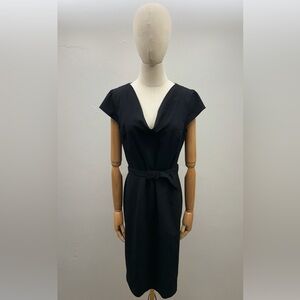 Calvin Klein Black Sheath Dress Belted V-Neck Cap Sleeve Career Office Midi